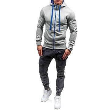 Zipper Color Spliced Slim Fit Hoodie - Dark Gray
