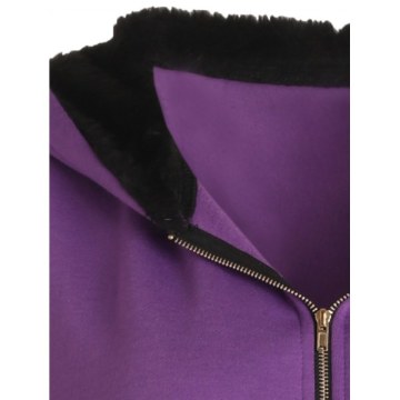Zipper Fluffy Cat Ear Hoodie - Purple