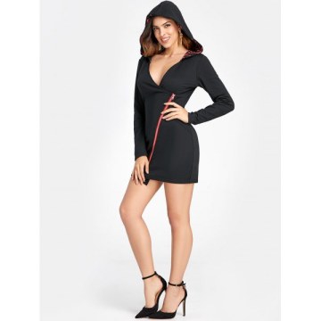 Zipper Fly Mini Hoodie Dress - Black