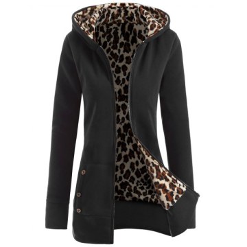 Zipper Fly Thicken Leopard Pattern Hoodie - Black Grey