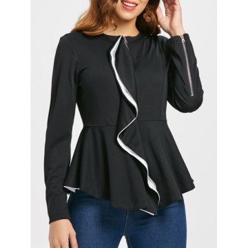 Zippered Ruffle Peplum Jacket - Black