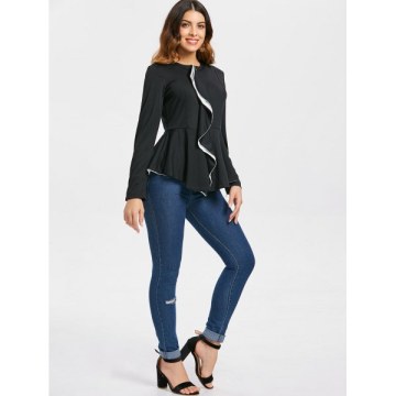 Zippered Ruffle Peplum Jacket - Black