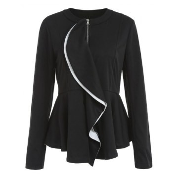 Zippered Ruffle Peplum Jacket - Black